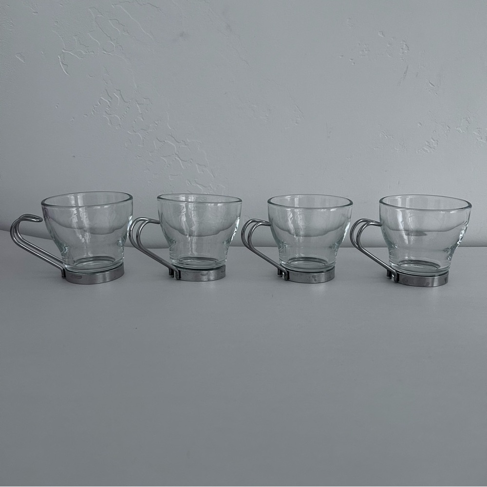 Bormioli Rocco Set of Four Tempered Glass Espresso Cups with Silver Handles